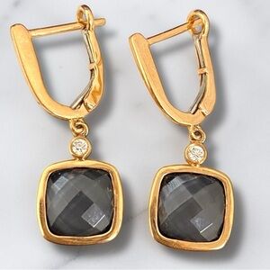Designer 14k 585 Rose Gold Diamond and Dark Smoky Blue Topaz Dangle Earrings